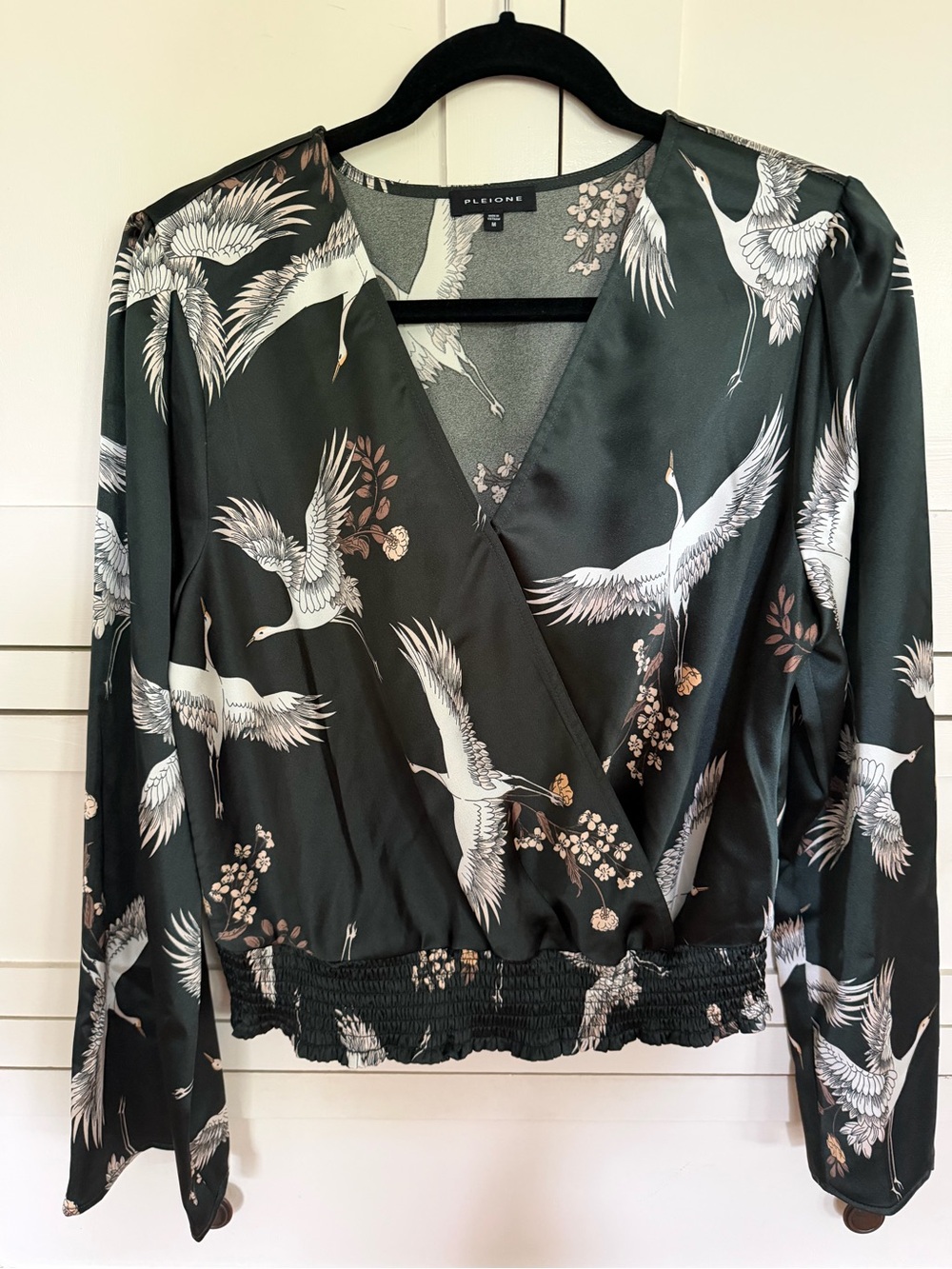 Pleione Black Crane Print Wrap Top
